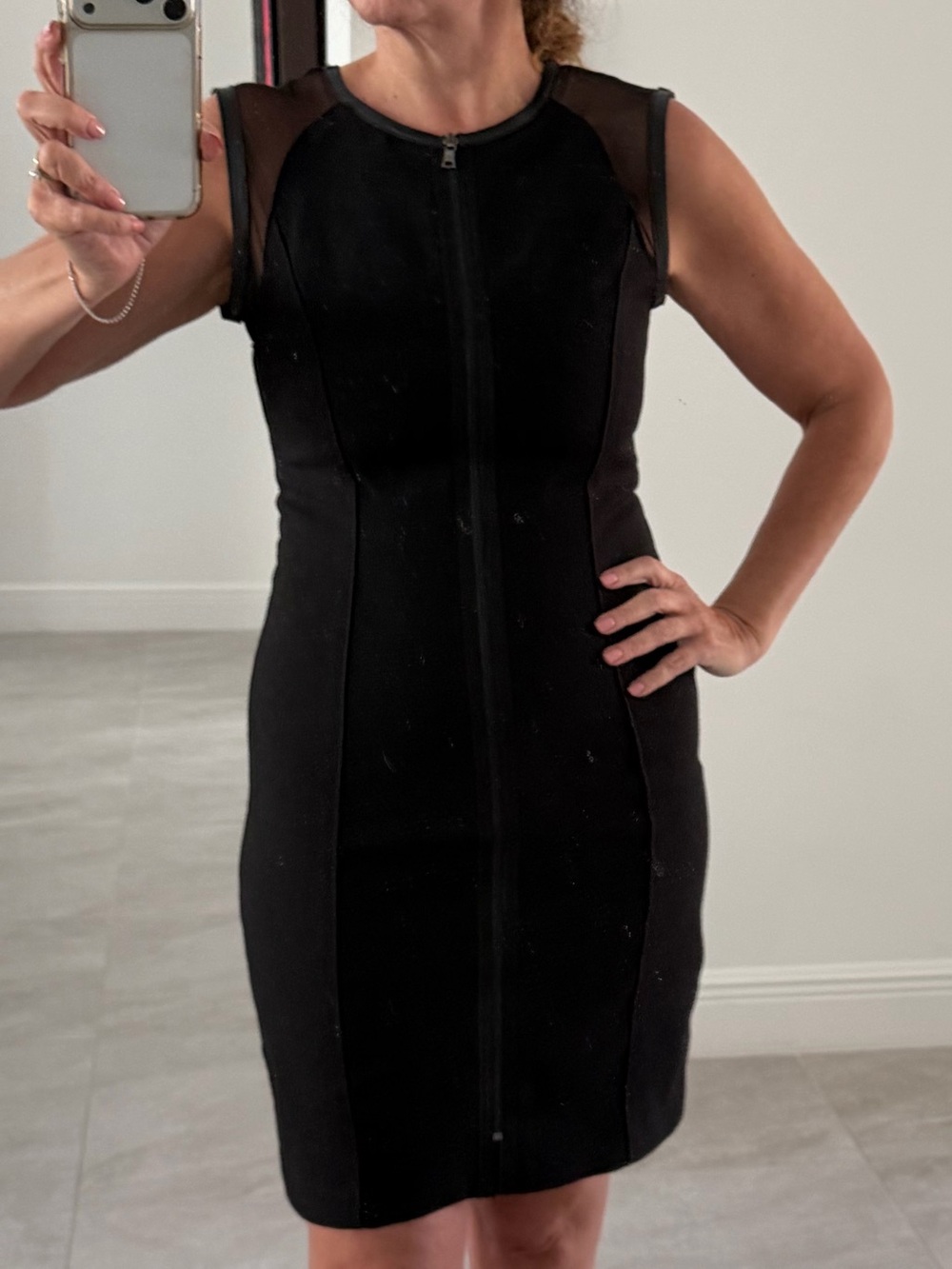 T Tahari Black Sleeveless Mesh-Panel Zip-Front Mini Dress